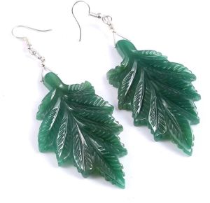 Green Carving Leaf Shaped Gemstone Earrings