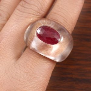 Natural Crystal Quartz Ruby Faceted Ring