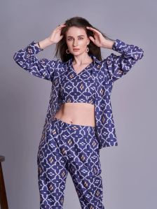 Blue Cotton Blend Printed 3 Piece Co-Ord Set