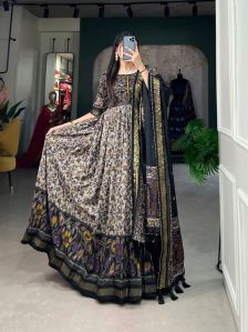 Floral & Foil Print Tussar Silk Gown With Dupatta
