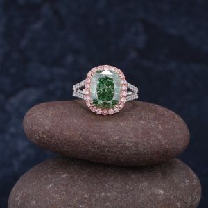 18kt White Gold 6.08ct Green Cushion lab Grown Halo Diamond Woman Ring