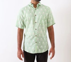Mens Light Green Printed Cotton Shirt