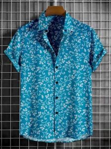 Mens Blue Printed Casual Half Sleeve Shirt