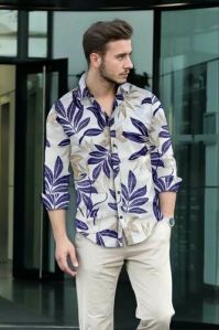 Mens Leaf Printed Cotton Shirt