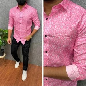 Mens Pink Printed Party Wear Shirt