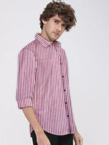 Mens Pink Striped Full Sleeves Shirt