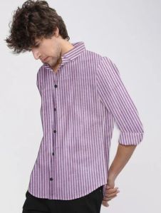 Mens Purple Striped Full Sleeves Shirt