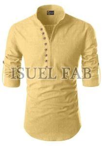 Mens Yellow Plain Cotton Kurta Shirt