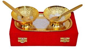 Indo Art Collection World Gold And Silver Plated White Aluminium Set 2 Bowl 2 Spoon With Tray