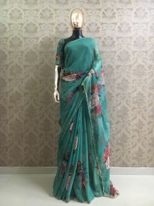 Georgette Printed Saree with Pearl Lace Border