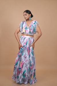 Ladies Multicolor Digital Print Crop Top & Long Skirt