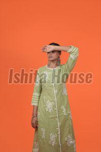 Ladies Light Green & White Cotton Kurti