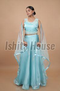 Ladies Sky Blue Satin Lehenga Choli, Technics : Machine Made