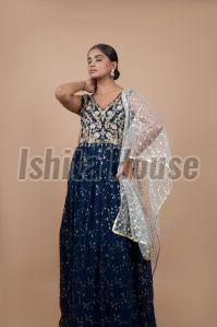 Ladies Teal Blue Embroidered Gown, Technics : Embroidery Work