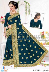 Ladies Teal Blue Heavy Work Embroidery Saree