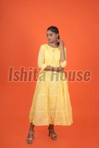 Ishita House Cotton Plain Ladies Yellow Anarkali Kurti, Packaging Type : Plastic Bag