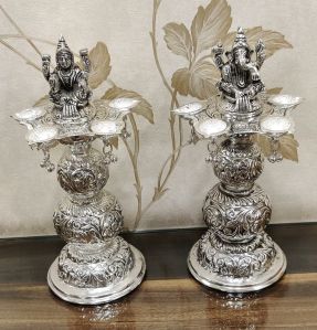 German Silver Laxmi Ganesh 5 Face Deepam Panchamukhi Deepam