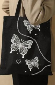 Butterfly Print Canvas Black Tote Bag For Shopping