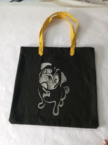 Dog Printed Black Cotton Tote Bag