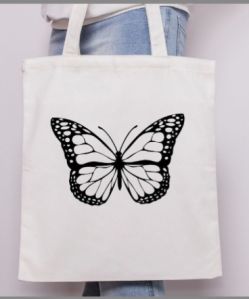 White Loop Handle Butterfly Print Cotton Tote Bag