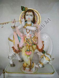 Marble Krishna With Cow Statue For Worship, Temple