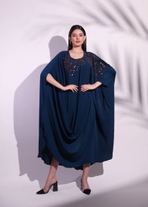 Embroidered Crepe Geometric Cowl Kaftan Dress, Color : Blue