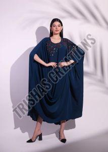 Embroidered Crepe Geometric Cowl Kaftan Dress, Color : Blue