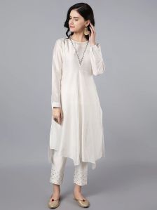 Ladies Ivory Chanderi Silk Asymmetric Kurta