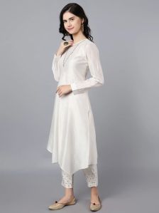 Ladies Ivory Chanderi Silk Asymmetric Kurta With Pencil Pant