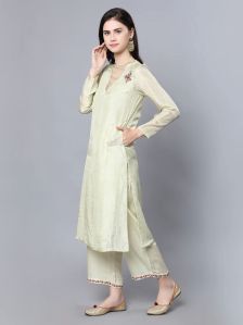 Ladies Light Green Cupro Silk Kurta With Farshi Pant