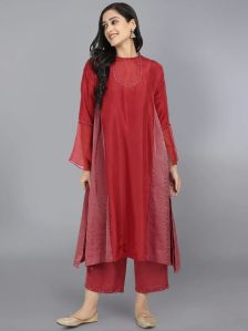 Ladies Red Cupro Silk Kurta With Farshi Pant