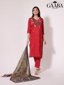 Cotton Red Color Kantha Stitch Kurta Pant Dupatta Full Set