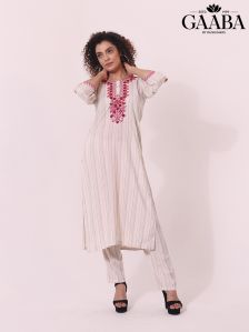 Rayon Striped Embroidery Neck Work Kurta Pant Set