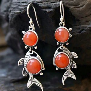 Delia Silver Antique Orange Coral Drop Fish Hook Earrings