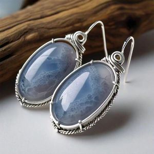 Selene Handmade Unique Blue Lace Agate Oval Earrings