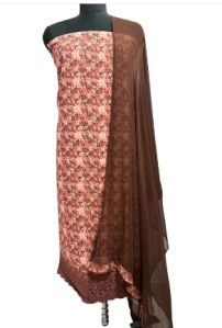 All Over Brown Cotton Suit With Floral Print and Daman Embellishment