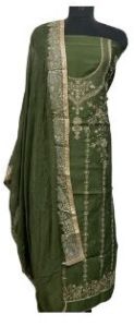 Elegant Green Cambric Cotton Party Wear Suit With Intricate Embroidery