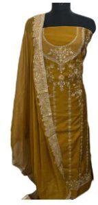 Elegant Mustard Cambric Cotton Party Wear Suit With Intricate Embroidery