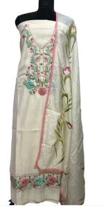 Muslin Hand-embroidered Suit With Painted Dupatta