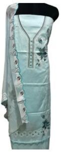 Sky Blue Glace Cotton Embroidered Kurta Set With Chiffon Dupatta