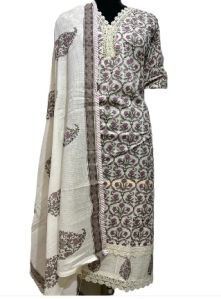 Unstitched Purple Cotton Suit With Lace Detailing and Printed Dupatta