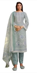 Ziz Zac Print Cambric Cotton Green Color Suit Set With Dupatta