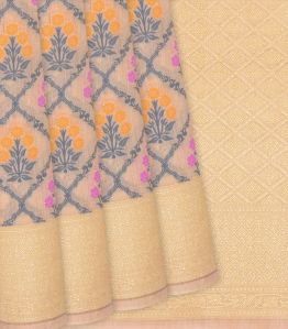 Baby Pink Handloom Banarasi Cotton Saree With Meenakari Motifs-baby Pink