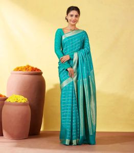 Cyan Crepe Silk Saree With Zari Checks