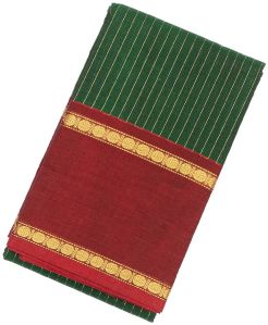 Dark Green Handloom Kanchi Cotton Saree With Zari Stirpes