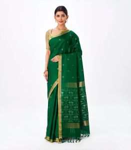 Dark Green Handloom Uppada Silk Saree With Zari Buttas