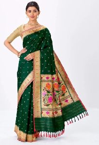 Green Handwoven Banarasi Silk Saree With Floral Buttas