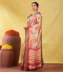 Light Peach Handloom Tussar Silk Saree With Printed Floral Motifs