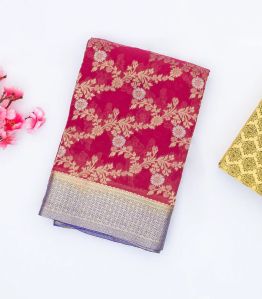 Pink Handwoven Banarasi Georgette Silk Saree With Floral Jaal Motifs