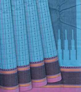 Sky Blue Handloom Kanchi Checks Ladies Cotton Saree